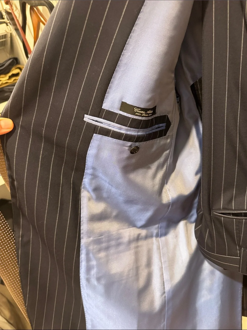 Men's Navy Pinstripe Single-Breasted Suit Jacket